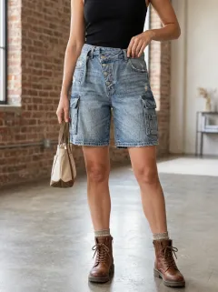 Women's Vintage Wash Asymmetric Button Cargo Denim Shorts