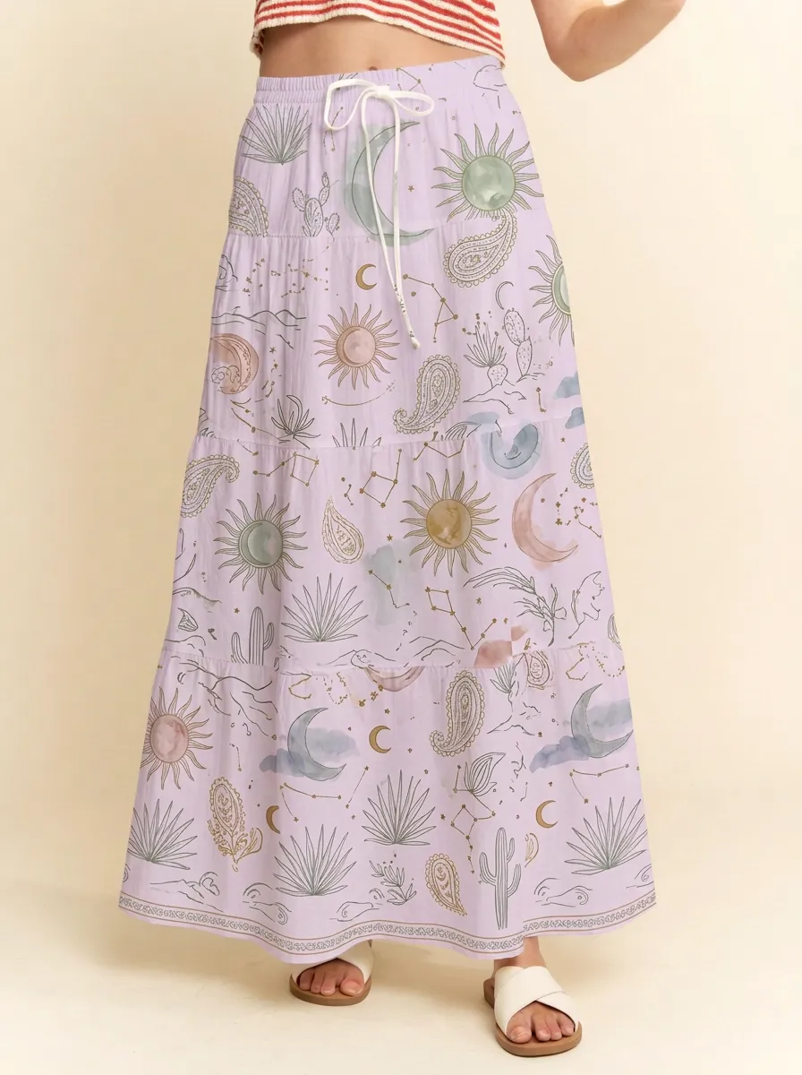Women's Boho Celestial Sun Moon Cactus Printed Maxi Skirt