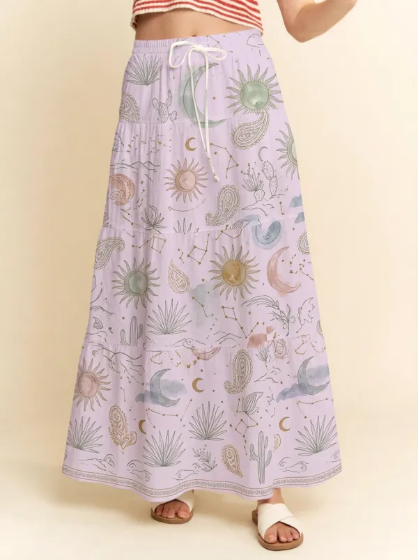 Women's Boho Celestial Sun Moon Cactus Printed Maxi Skirt