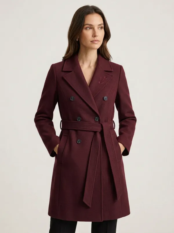 Women's Navy Blue Leaf Embroidery Double-Breasted Belted Coat