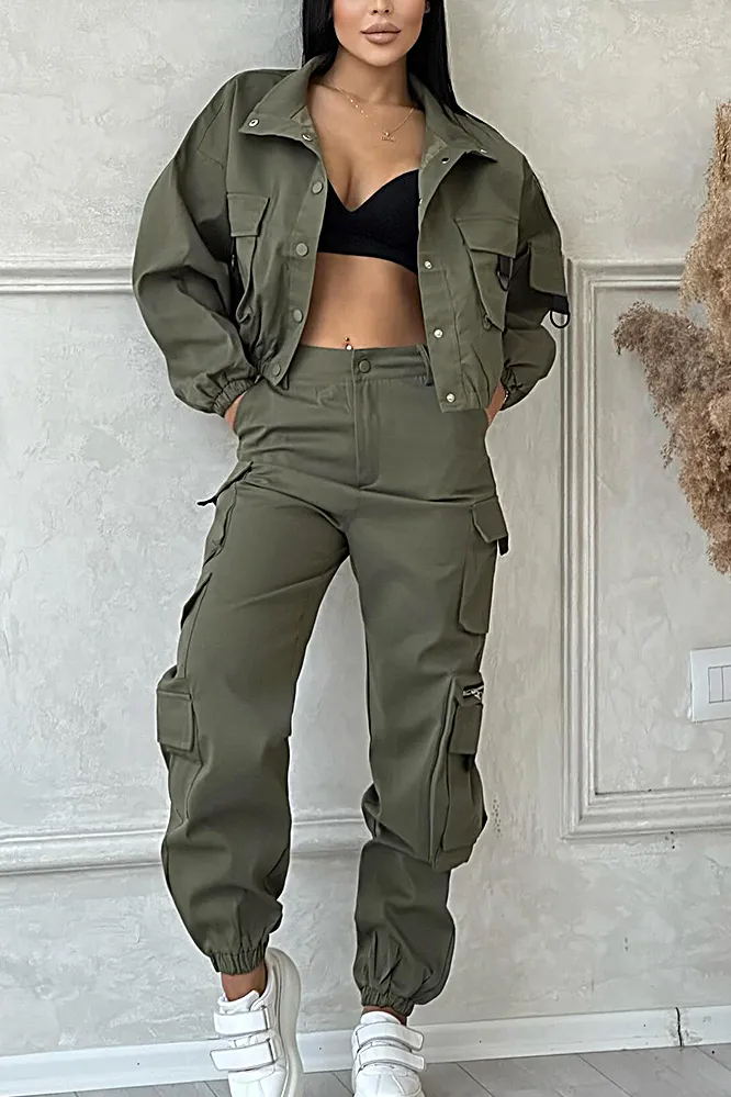 9PACK- Solid Color Pocket Jacket & Pants Two-piece Set