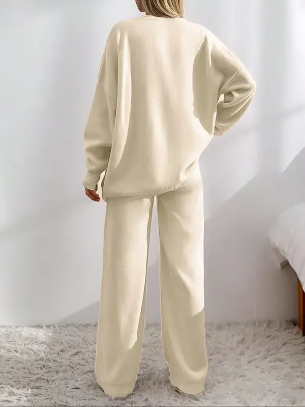 Women's Front Drop Shoulder V Neck Cardigan & Elastic Waist Wide Leg Pants Two-piece Set