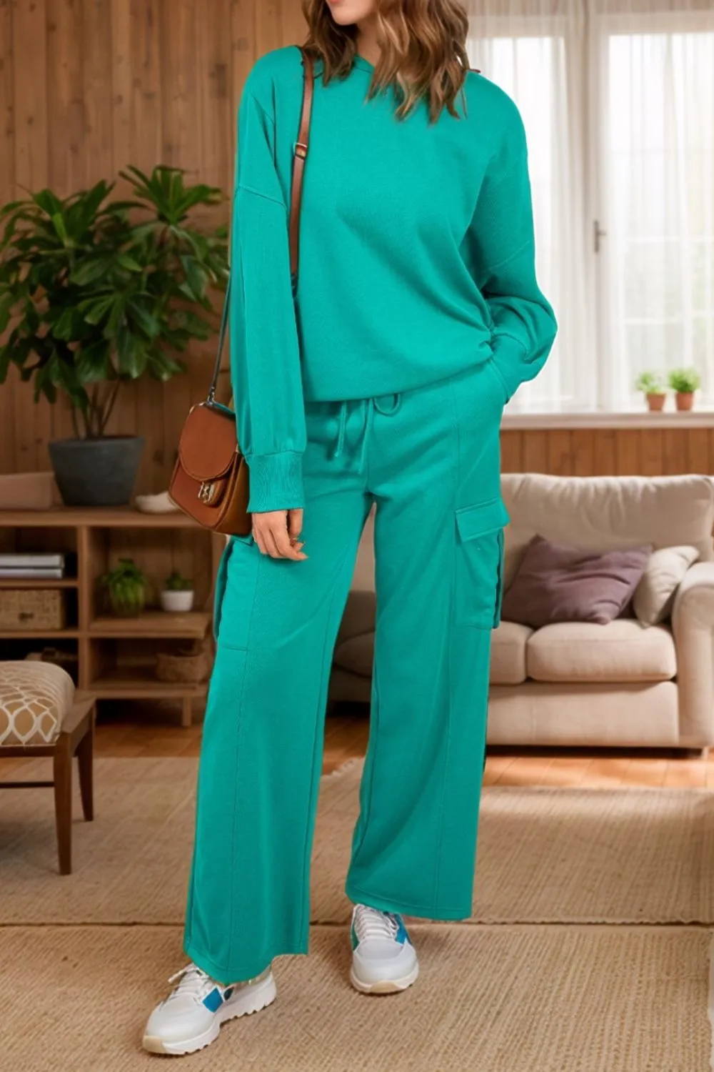 Pocketed Round Neck Long Sleeve Top And Drawstring Pants Set
