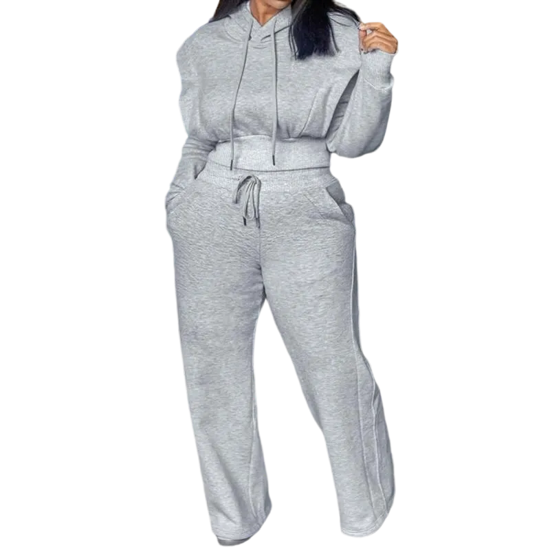 Hooded Long Sleeve Sweatshirt and Casual Wide Leg Sweatpants Set
