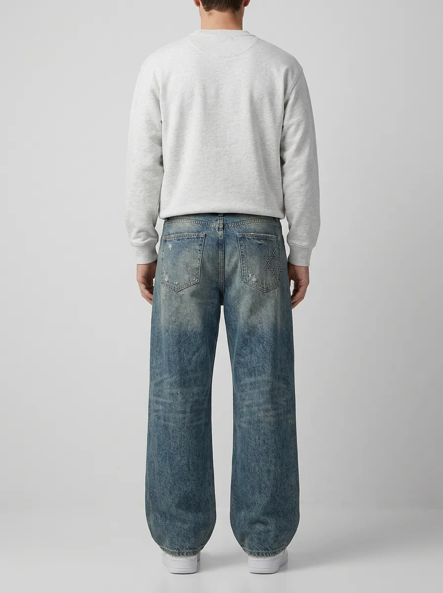 Men's Distressed Embroidered Star Wide Leg Jeans
