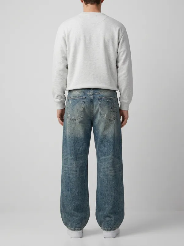 Men's Distressed Embroidered Star Wide Leg Jeans