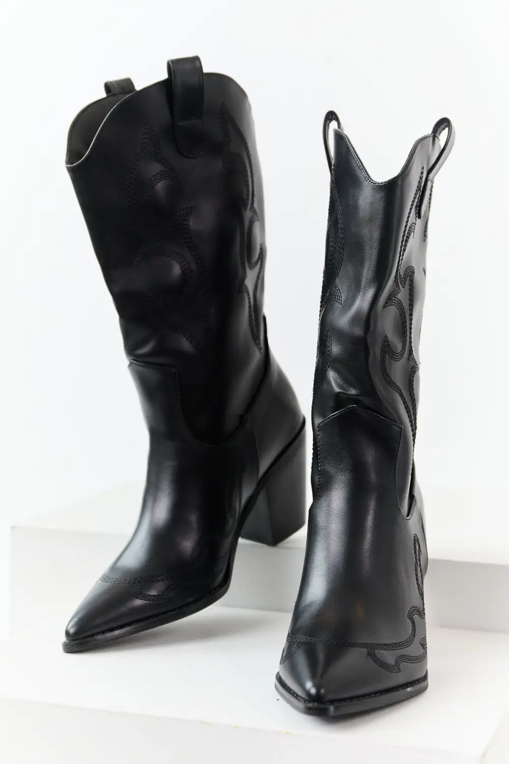 Black Faux Leather Stacked Heel Cowboy Boots