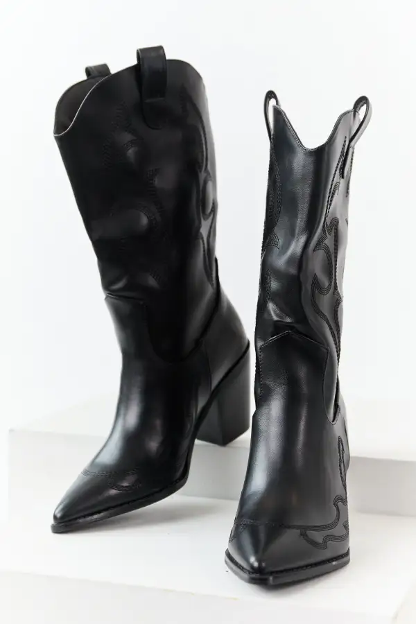 Black Faux Leather Stacked Heel Cowboy Boots