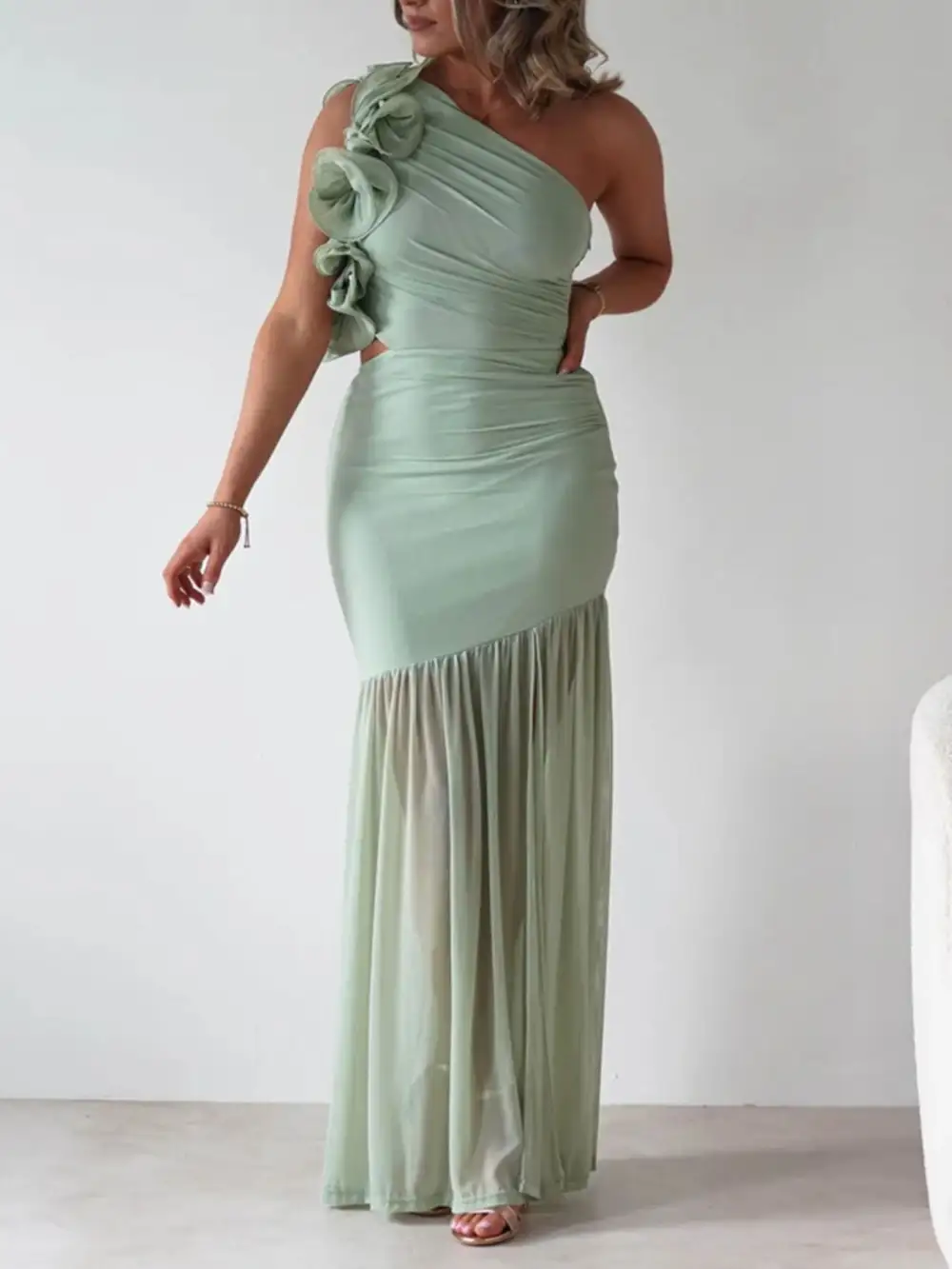 One Shoulder Ruffle Trim Maxi Dress