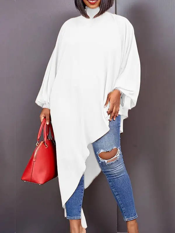Relaxed Sheer Long Sleeve Asymmetric High Neck T-Shirt