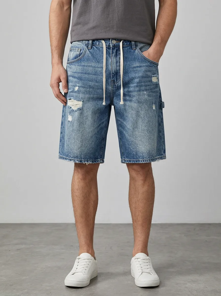 Men's Nature Inspired Distressed Raw Hem Street Inspired Distressed Denim Shorts