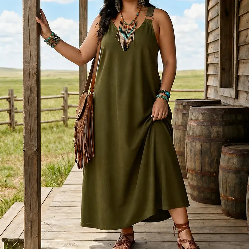 Women’s Sleeveless Denim Maxi Dress with Adjustable Cross Back Straps