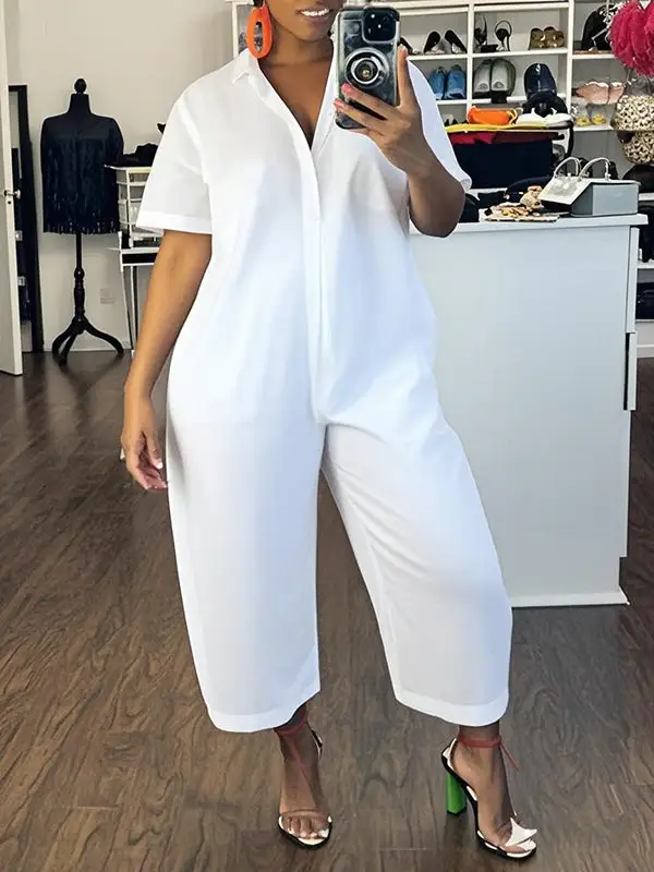 Losse Jumpsuits Met Korte Mouwen En Effen Revers