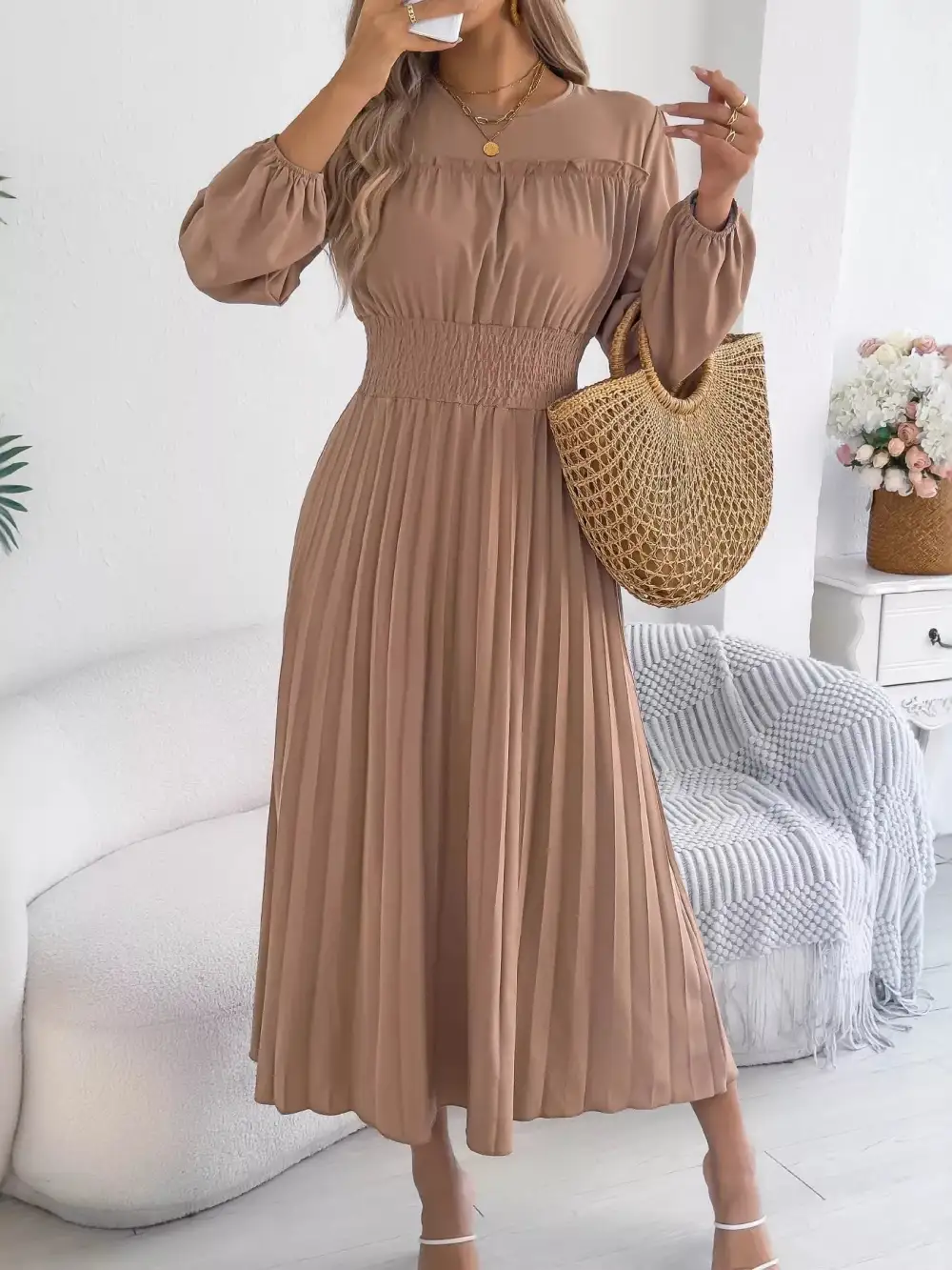 Pleated Smocked Long Sleeve Midi Dress