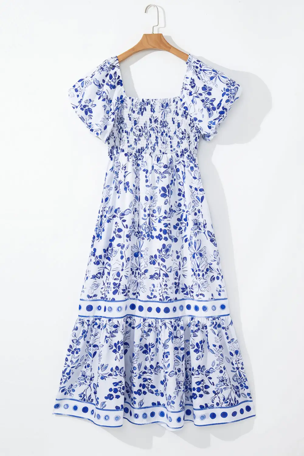 Sky Floral Print Square Neck Bubble Sleeve High Waist