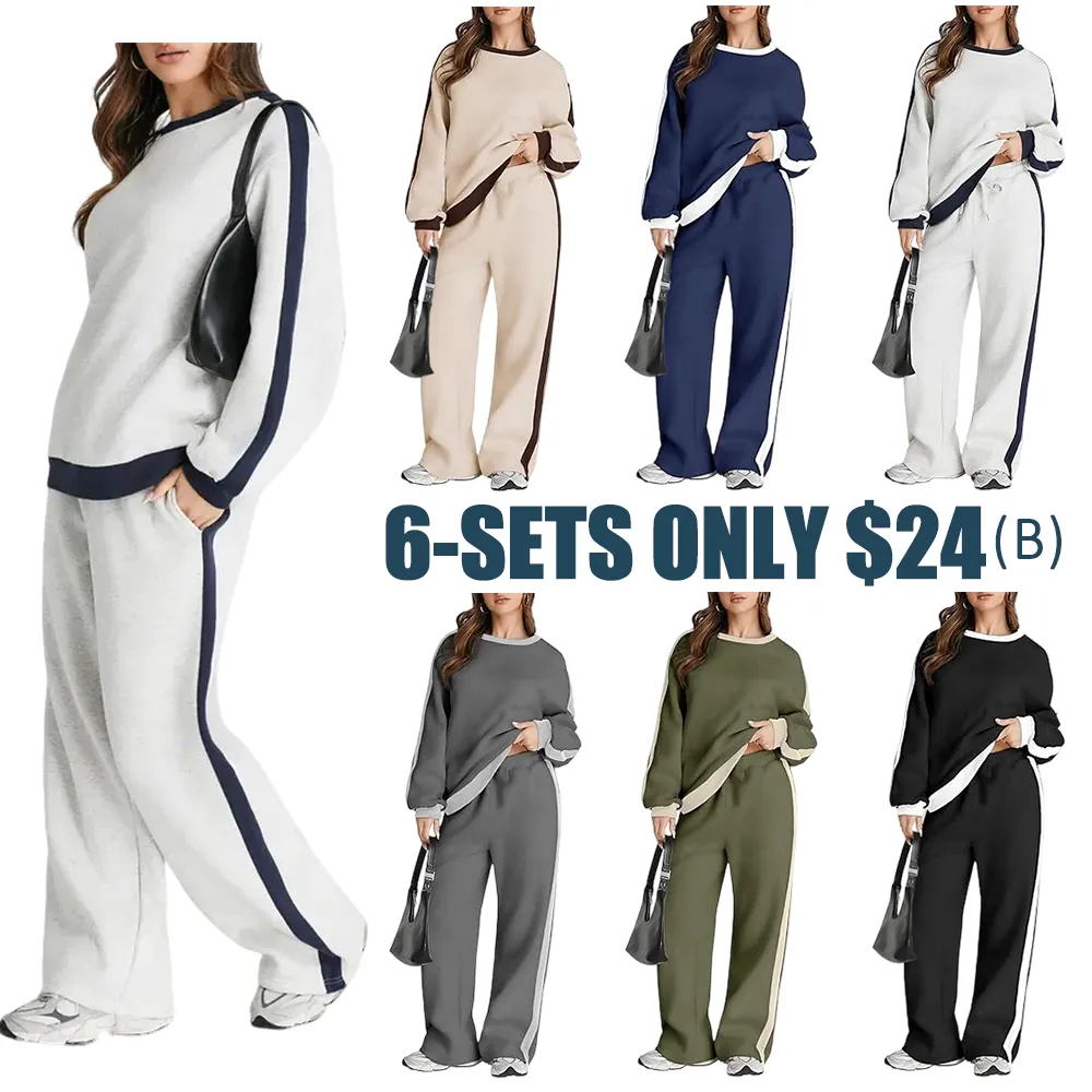 Women's 2 Piece Outfit Fleece Sweatsuit Casual Lounge Matching Sets Crewneck Loose Fit Cozy Sweatshirt & Straight Leg Sweatpants Womenswear Clothes Chic