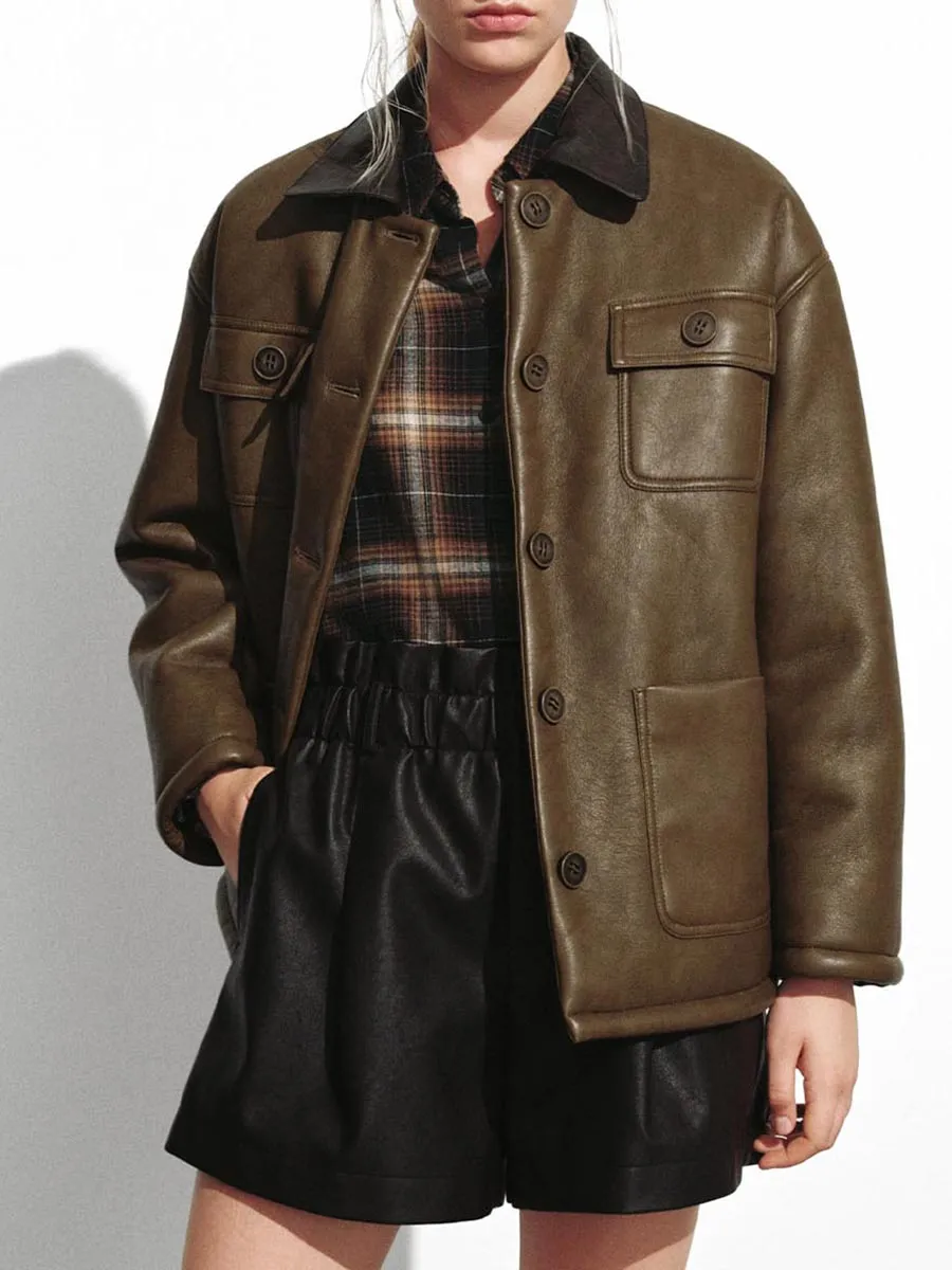A Brown Lapel Retro-Style Leather Jacket For Ladies
