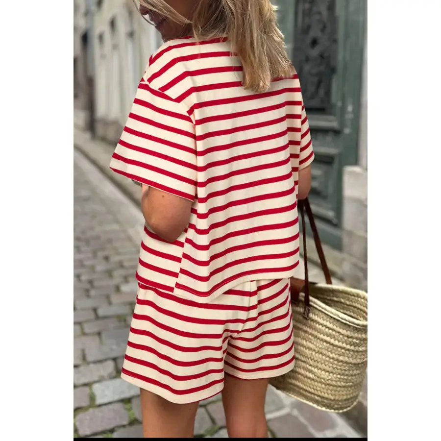 Tied Striped V Neck Top and Shorts Set