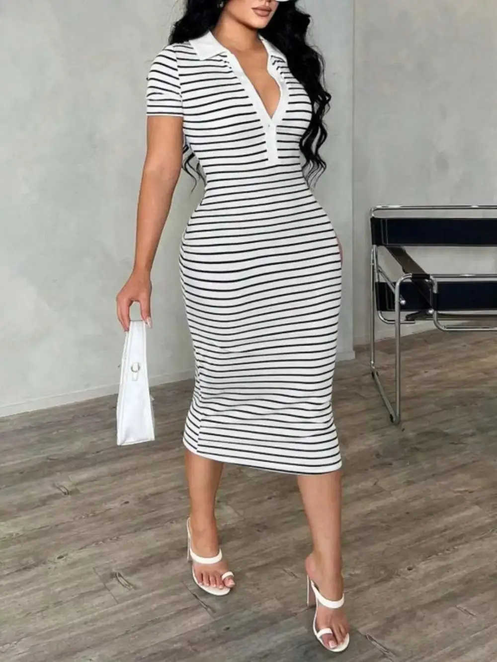 Slight Stretch Buttoned Striped Polo Midi Dress