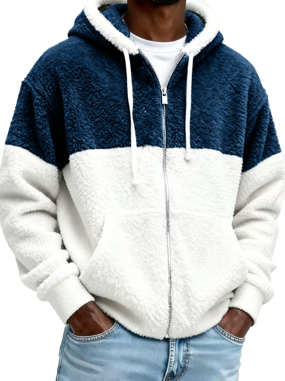 Men’s Stylish Casual Patchwork Plush Warm Long-sleeved Hooded Jacket