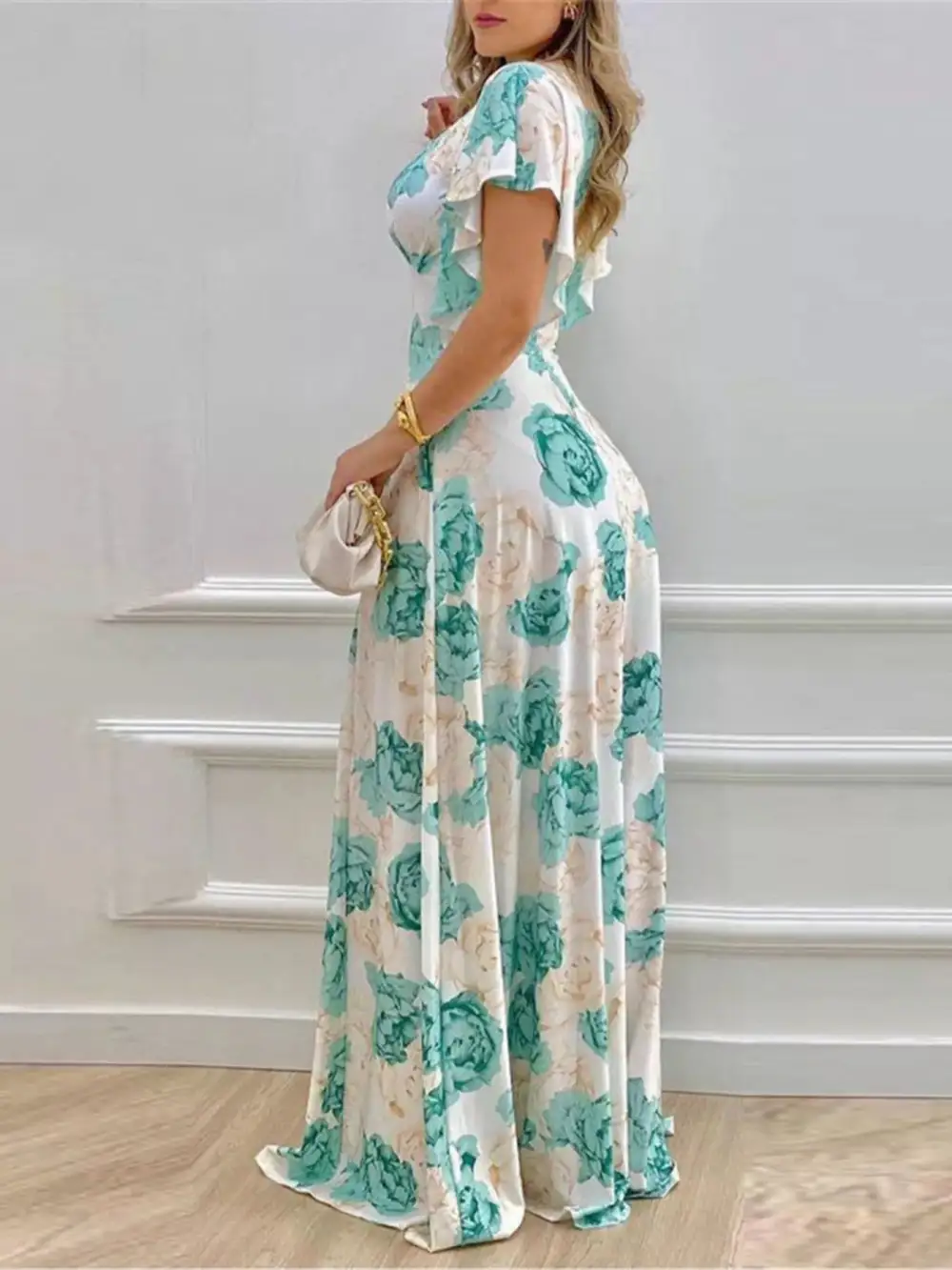 Floral Printed V Neck Maxi Dress