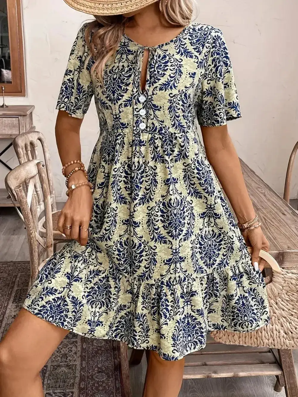 Short Sleeve Printed Midi Dress