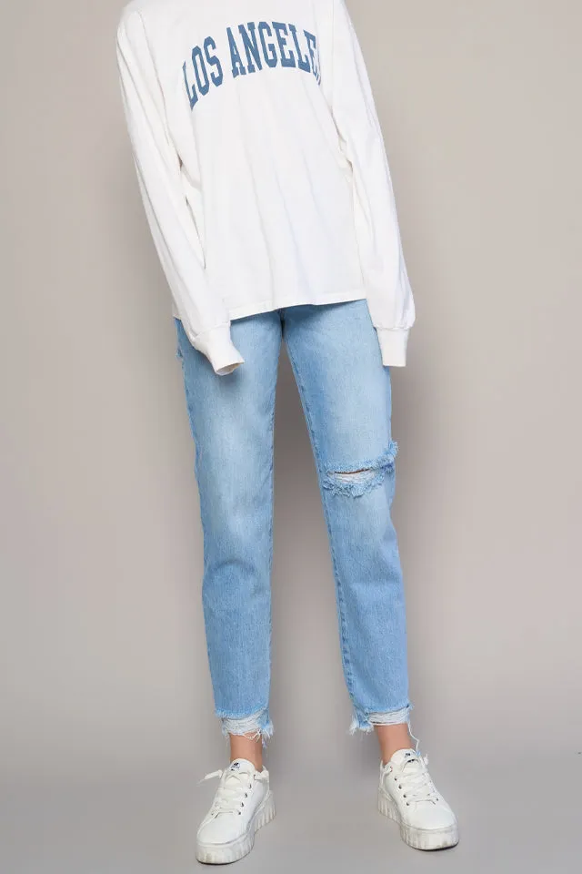 Women's High Waist Frayed Hem Distressed Girlfriend Rigid Denim Jeans