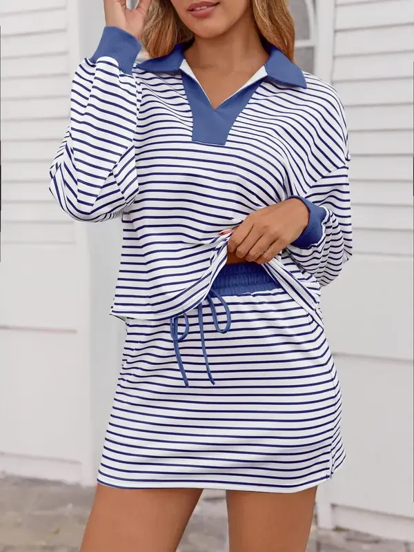 Striped Two-Piece Casual Sweatshirt And Skirt Set