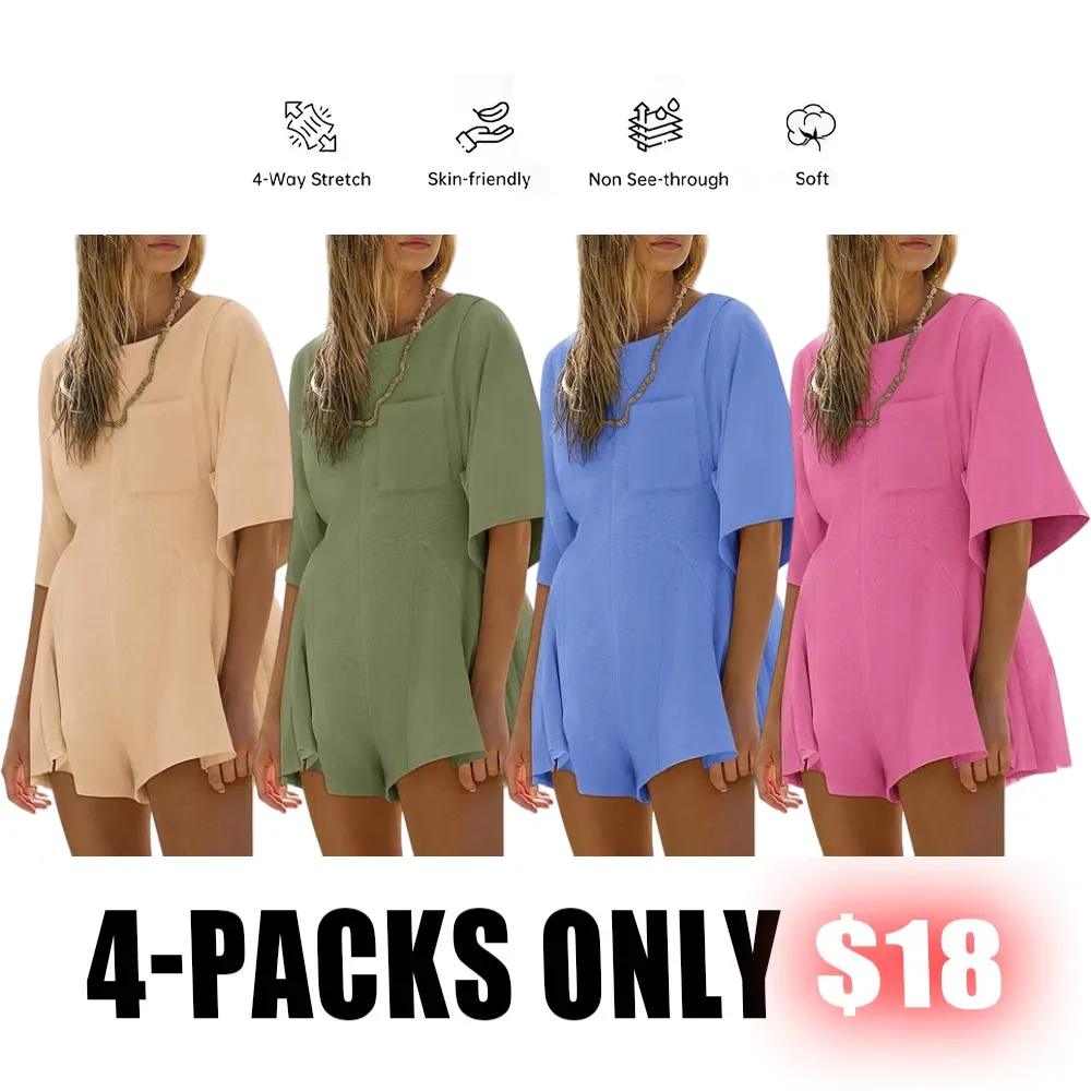 Women’s Summer Slim Fit Romper – Short Sleeve Crew Neck Jumpsuit with Pocket