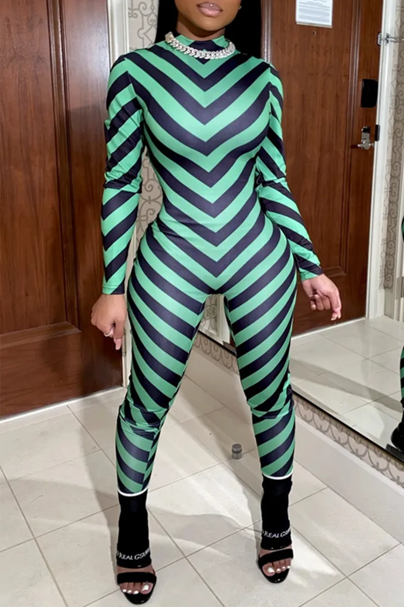 Casual Striped Split Joint Half A Turtleneck Skinny Jumpsuits
