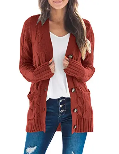 Women's Long Sleeve Cable Knit Sweater Open Front Cardigan Button Loose Outerwear
