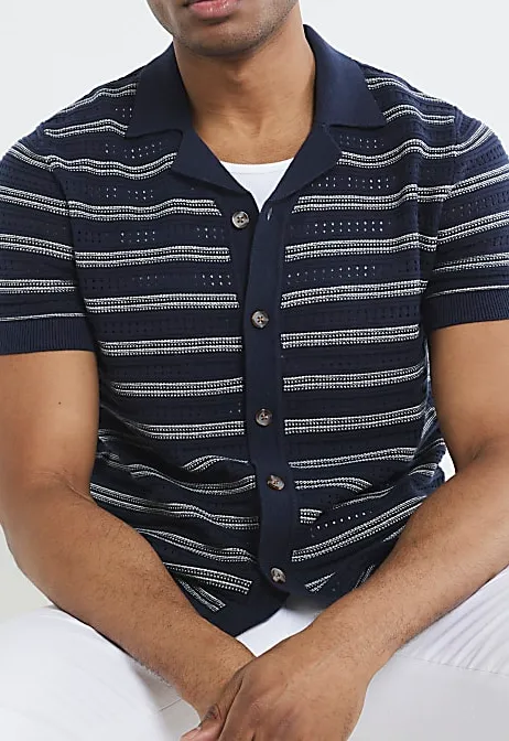 Fashion Casual Navy Blue Striped Texture Men's Short Sleeve Shirt