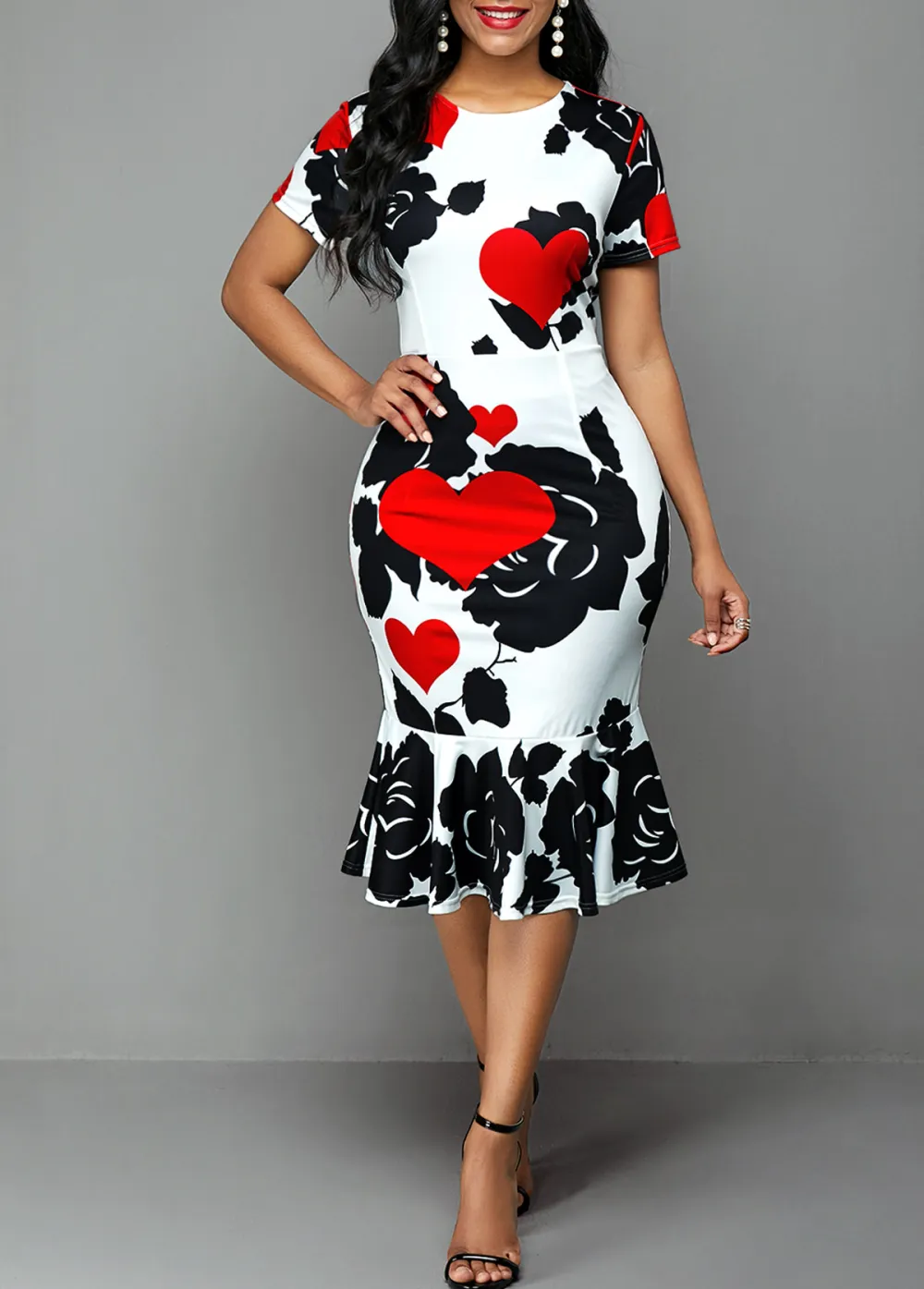 Short Sleeve Rose and Heart Print Dress