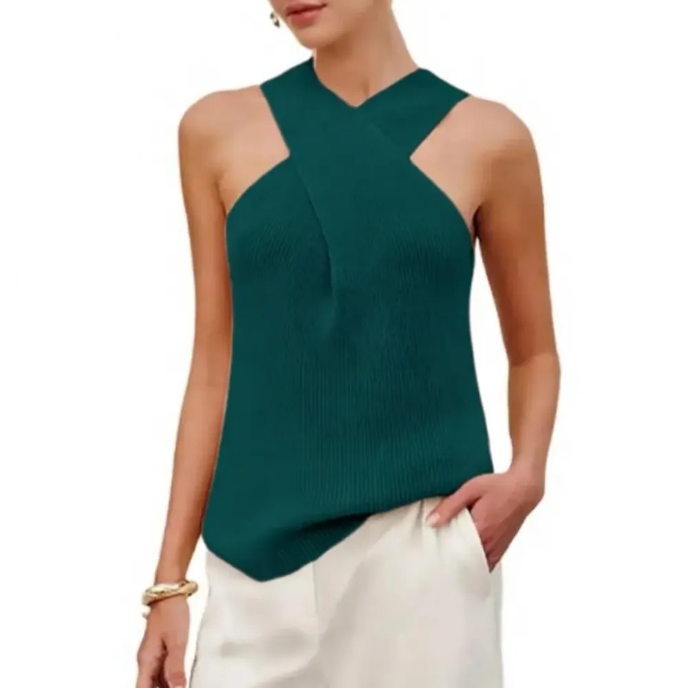 Tanming Women's Halter Cross Over Collar Tank Knit Sleeveless Camisole Top
