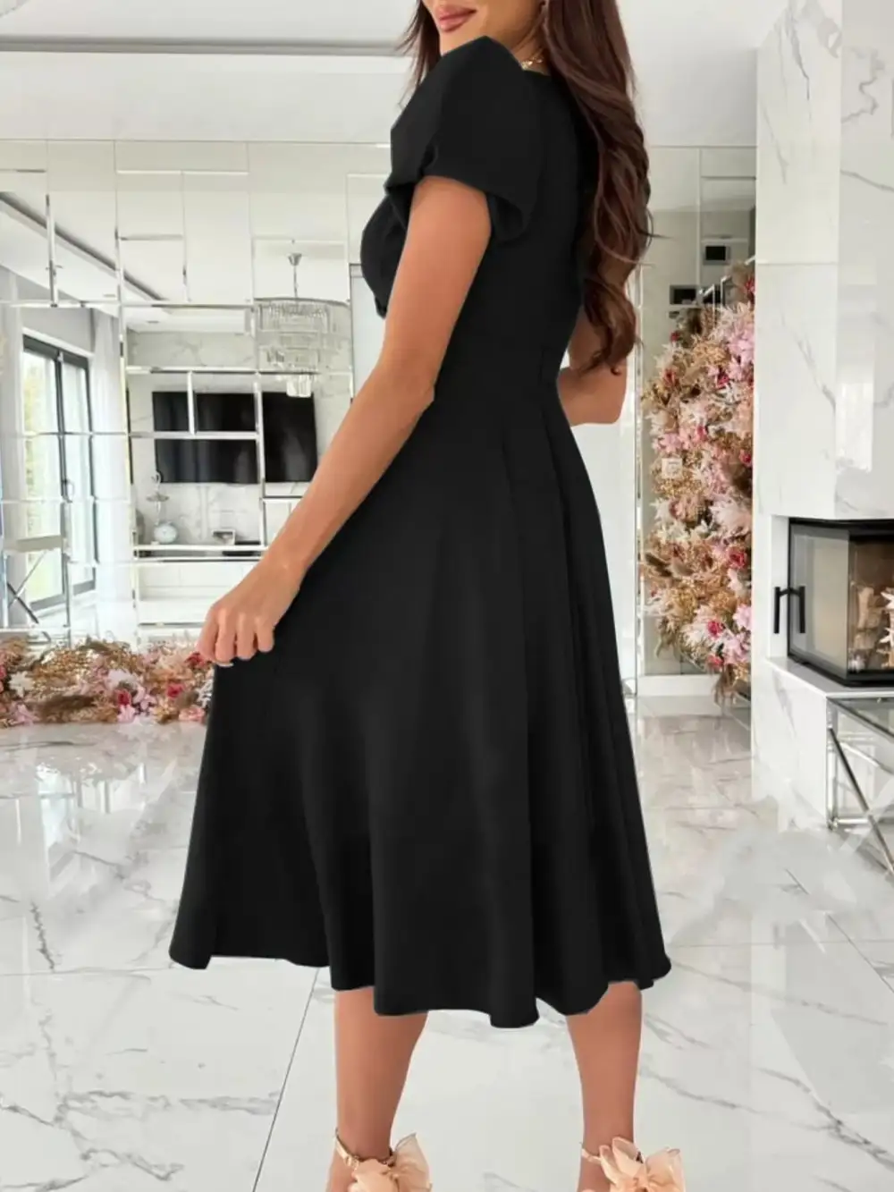 Surplice Puff Sleeve Belted Midi Dress
