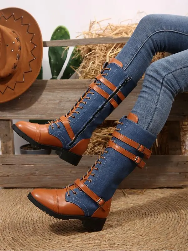 Women's Long Motorcycle Boots, Western Style Round Toe Thick Sole, Durable Comfortable Design, Perfect for Casual Wear