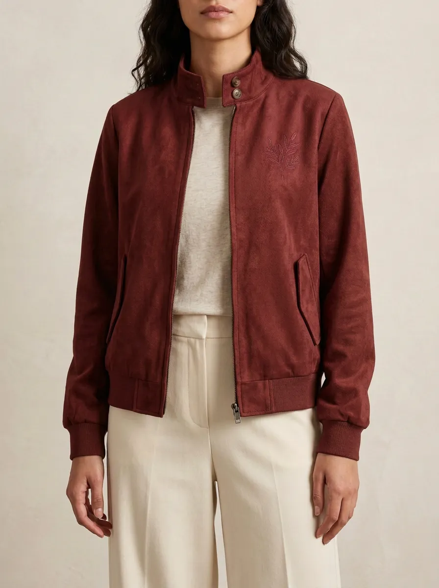 Women's Botanical Leaf Embroidered Suede Bomber Jacket