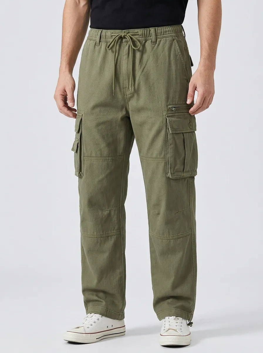 Men's Olive Green Multi-Pocket Drawstring Cargo Pants