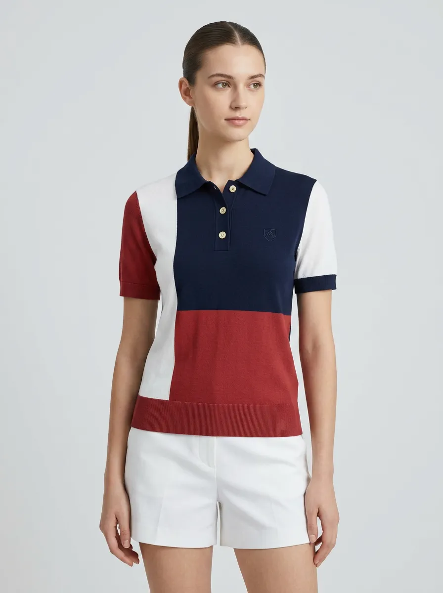Women's Casual Fashion Colorblock Pattern Knitted Polo Shirt