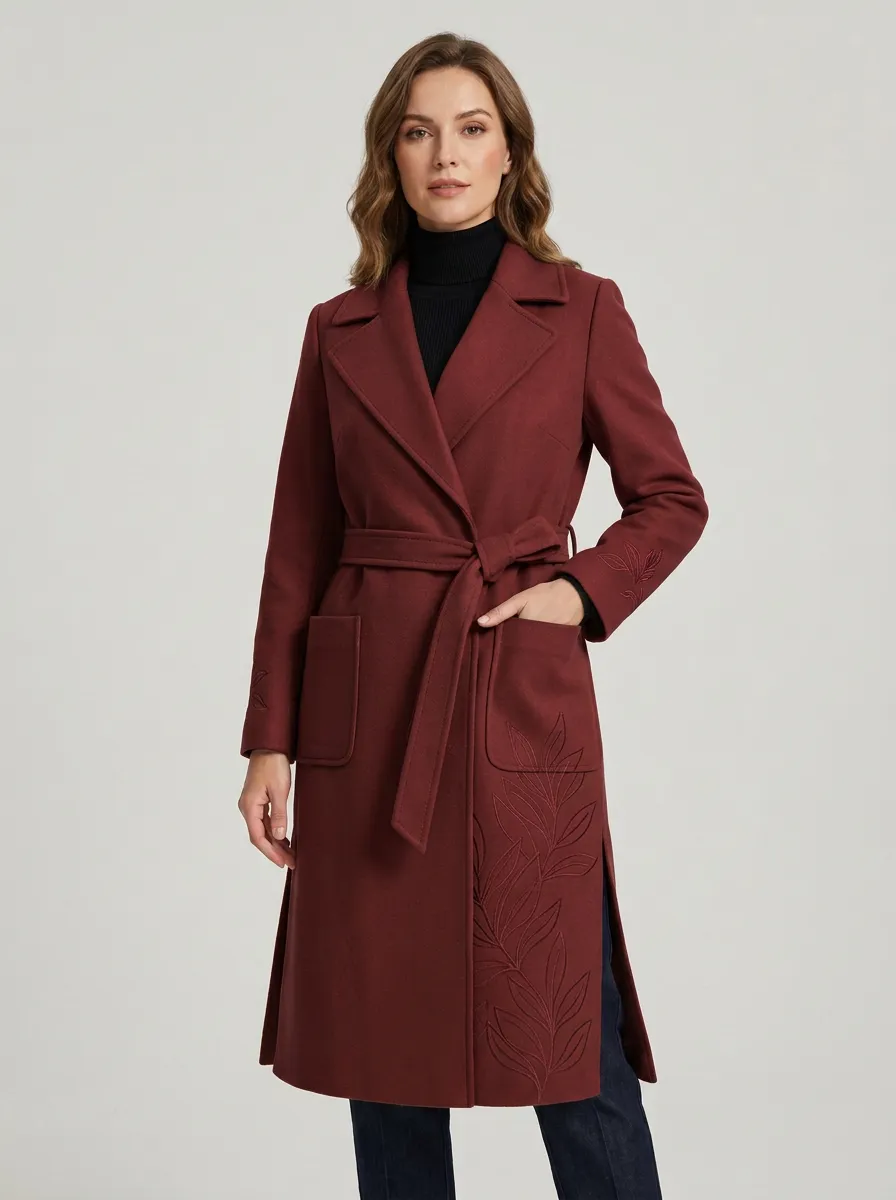 Women's Minimalist Botanical Leaf Embroidered Camel Coat