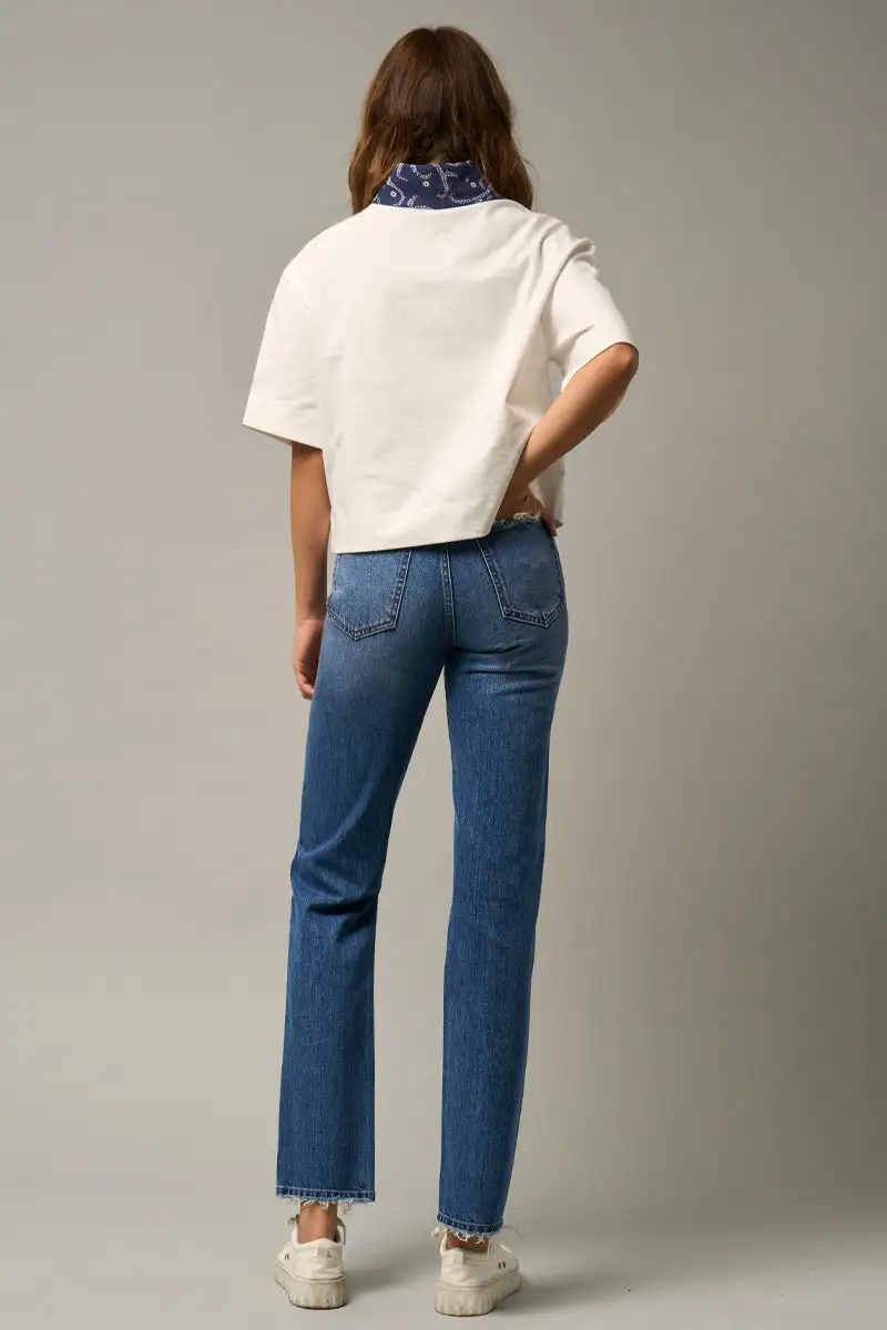 Women's High Rise Ripped Straight Rigid Denim Jeans