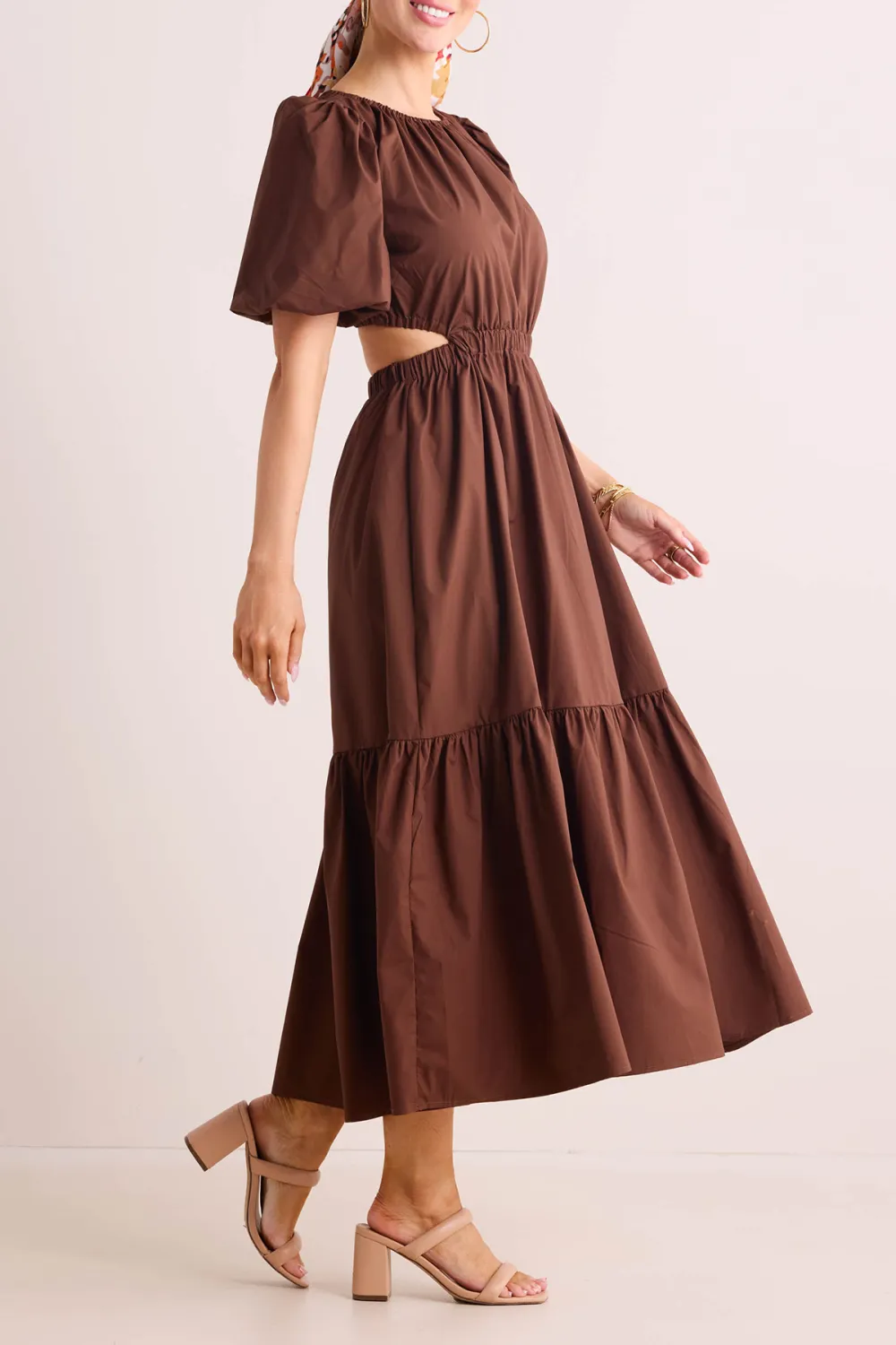 Brown Puff Sleeve Tiered Maxi Dress
