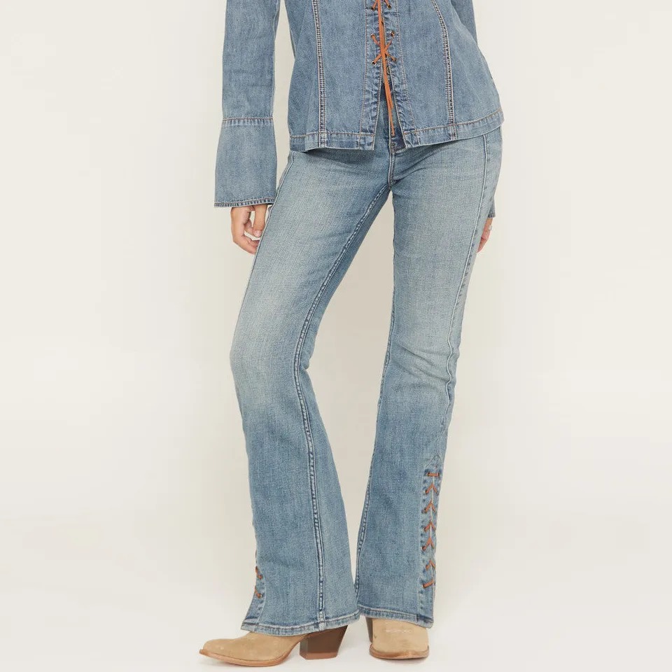 High Rise Bootcut Stretch Denim Lace Up Jeans