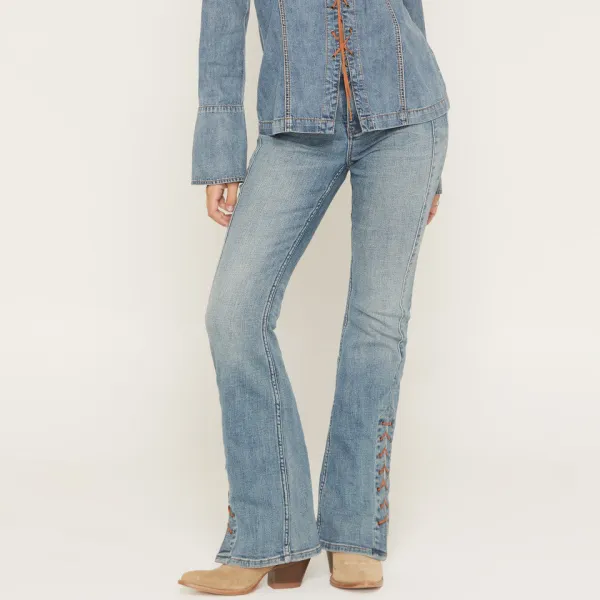 High Rise Bootcut Stretch Denim Lace Up Jeans