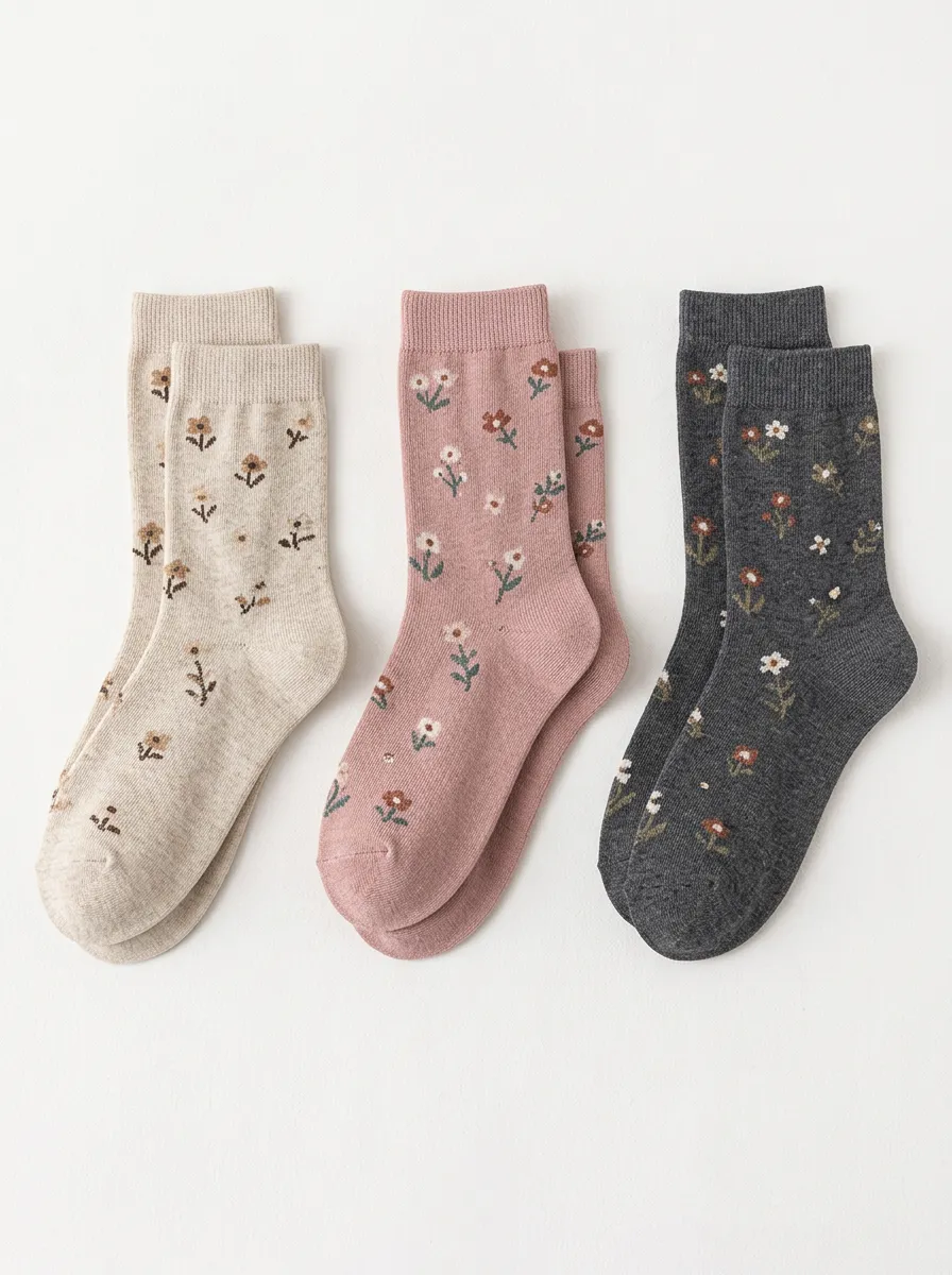 Women's Small Scale Floral Ribbed Crew Socks Three Pair Set