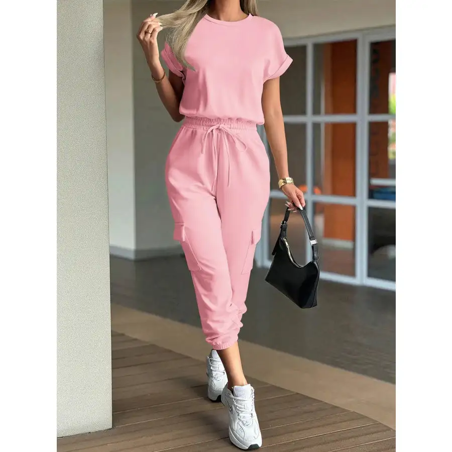 Round Neck Short Sleeve Top and Pants Set