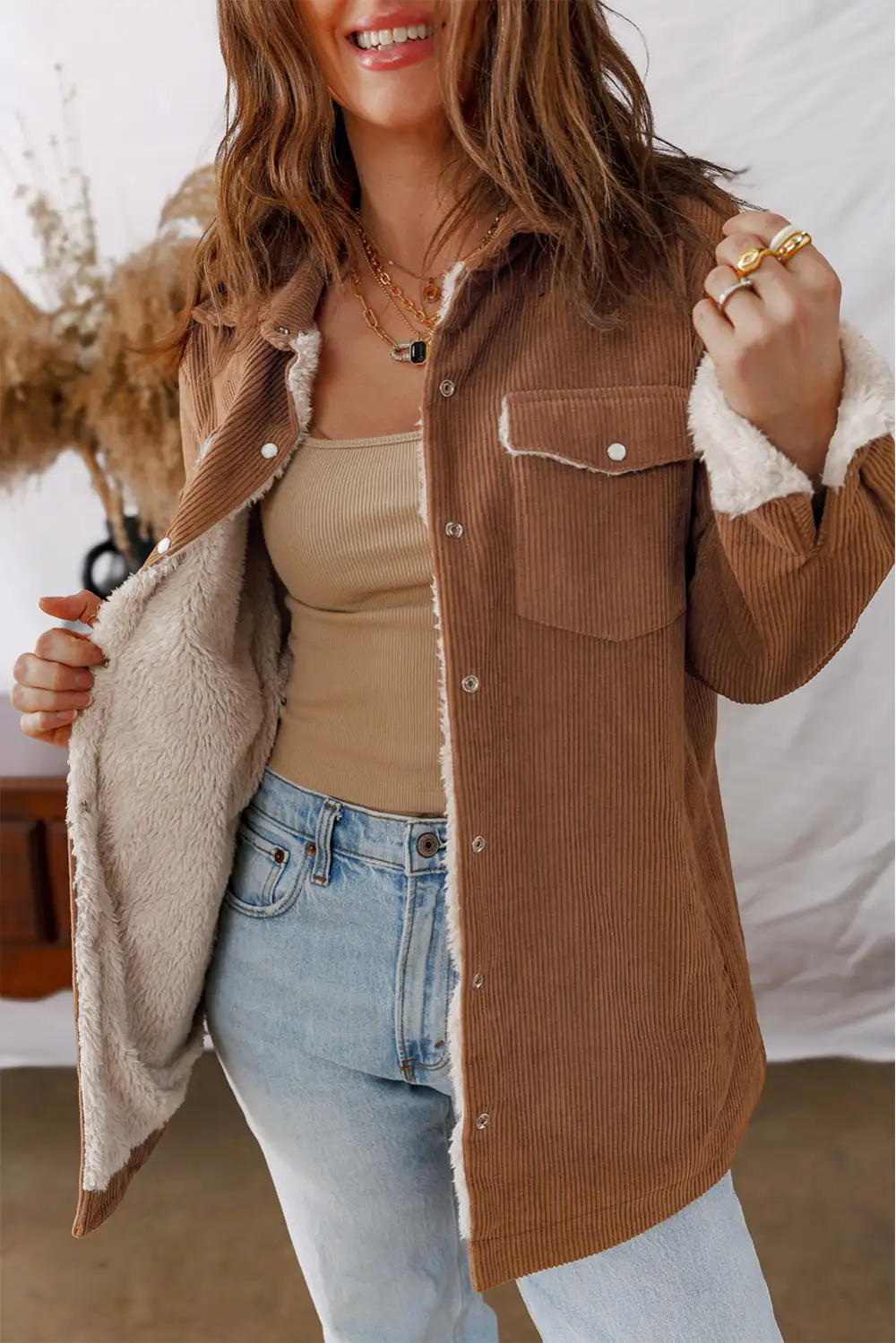 Cinnamon Fleece Lined Button Flap Pockets Corduroy Jacket