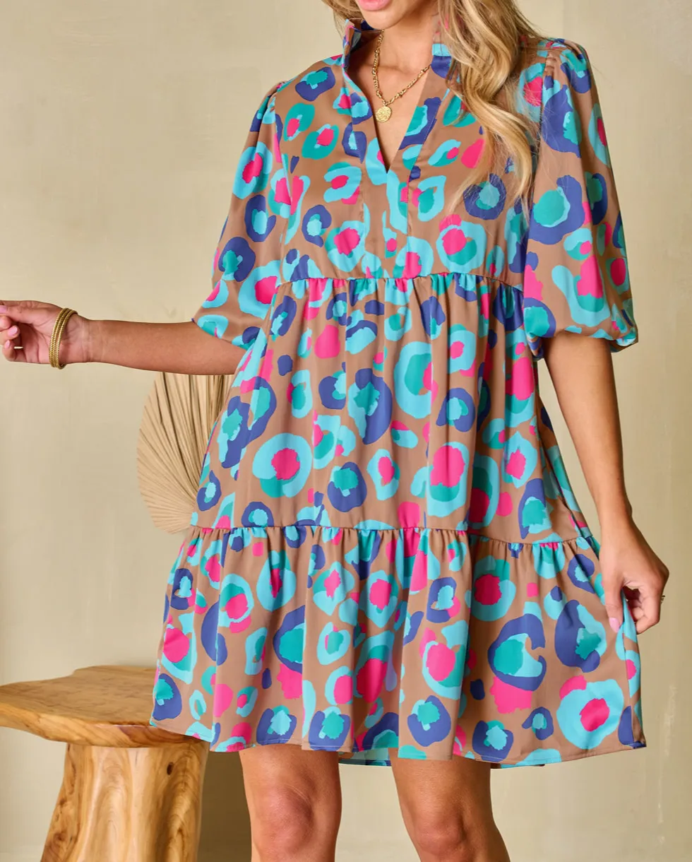 Relaxed Animal Print Ruffle Trim Mini Dress