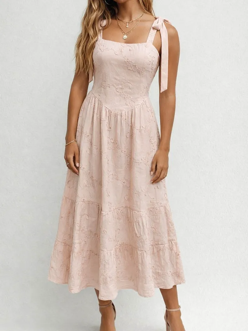 Embroidery Square Neck Shoulder Strap Midi Dress