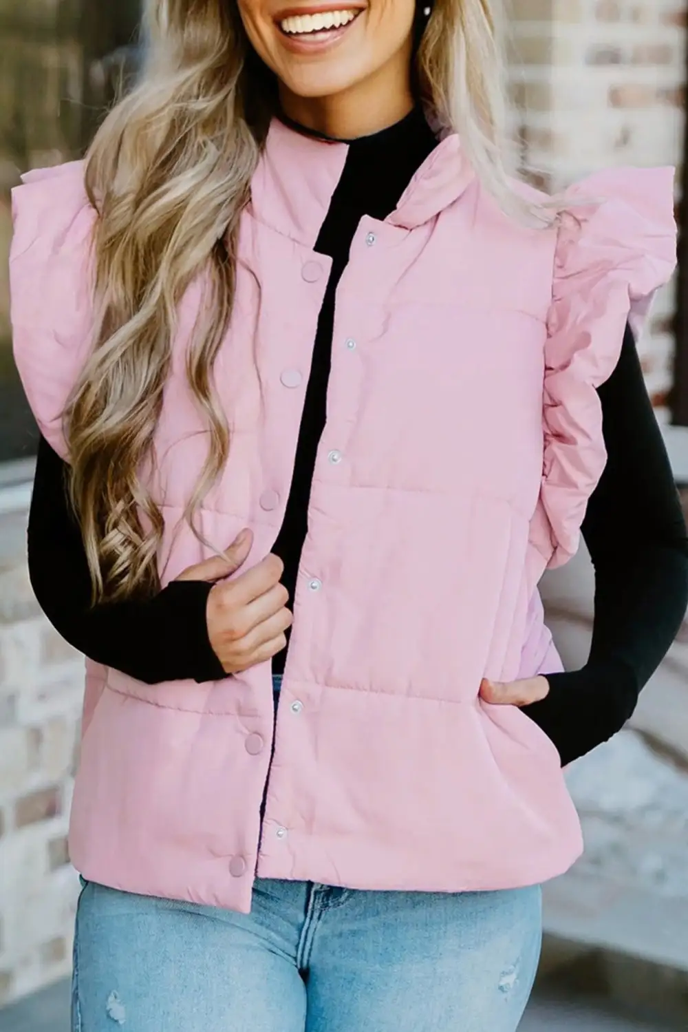 Stand Collar Flutter Sleeve Snap Button Puffer Vest
